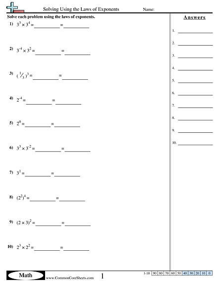 Algebra Worksheets - Solving Using the Laws of Exponents worksheet